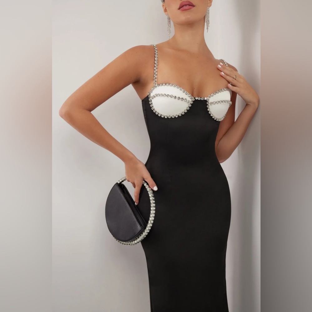 New BLACK CRYSTAL TRIMMED BUSTIER MAXI DRESS